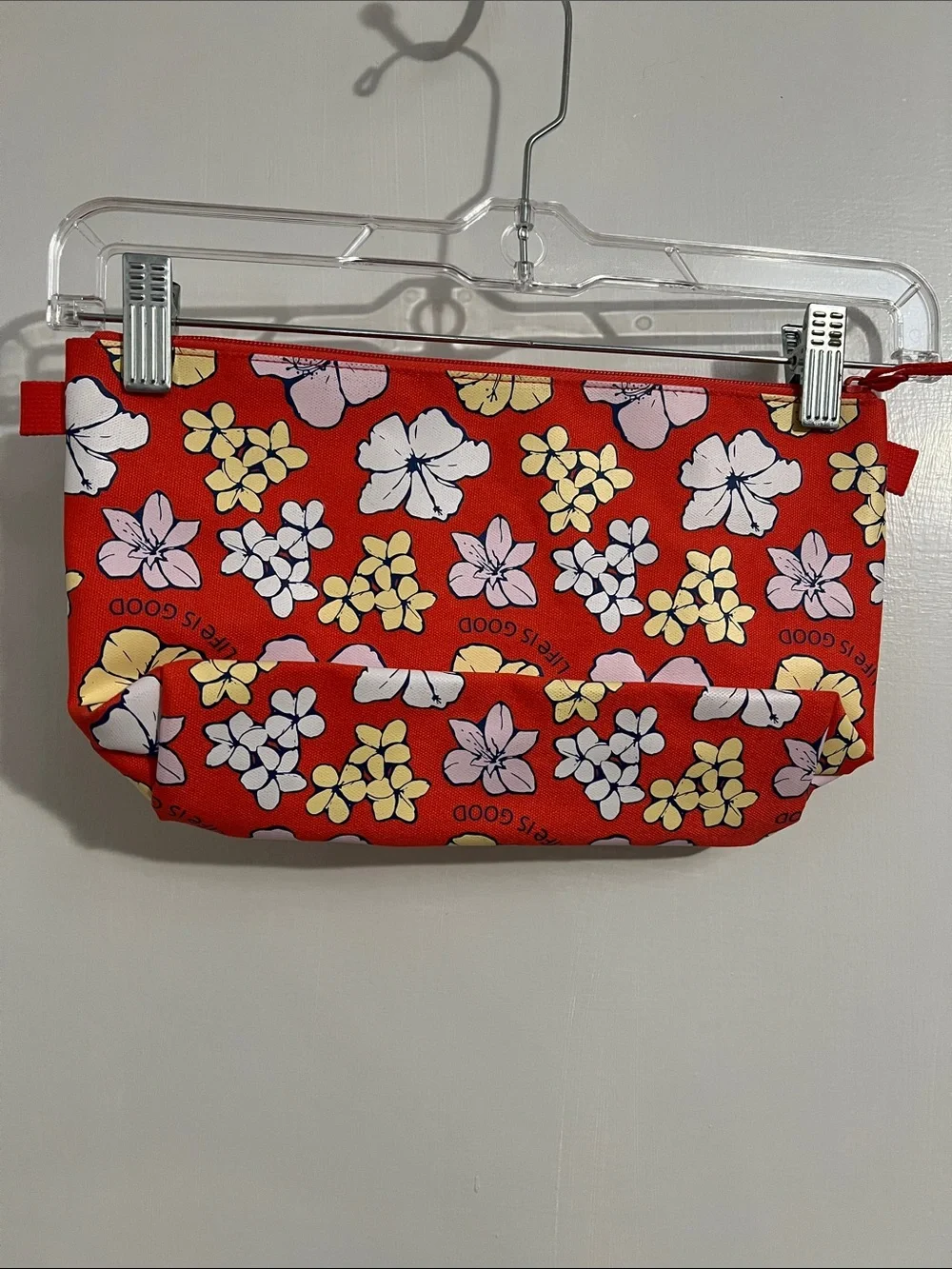 Life is Good Red Floral Zip Pouch with Pink & Yellow Blooms